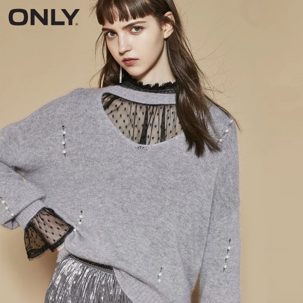 

ONLY Women's Rabbit Fur Pearl Trim See-through Slit Sweater|118313543
