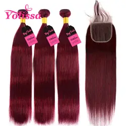 99j красные бордовые пучки с закрытием бразильские прямые человеческие волосы 12-24 дюймов 3 пучка с закрытием Yolissa remy волосы