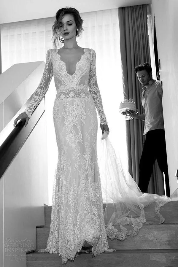 NEUE Lihi Hod Volle Spitze Boho Hochzeitskleid 2016 Langarm tiefem V  ausschnitt Backless Bodenlangen Tiers Brautkleider Modest Kleider|boho  wedding dress 2016|boho wedding dresswedding dress 2016 - AliExpress