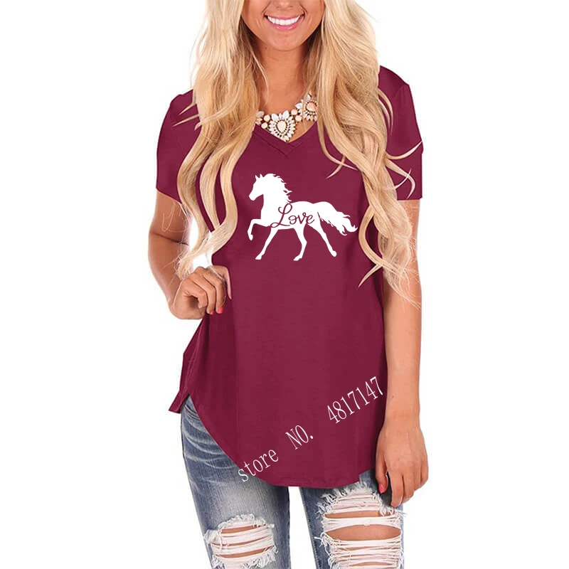 Женская рубашка в стиле Харадзюку с принтом в виде лошадок, свободная Винтажная футболка с v-образным вырезом и мультипликационным принтом, женские летние топы в подарок - Цвет: wineRed