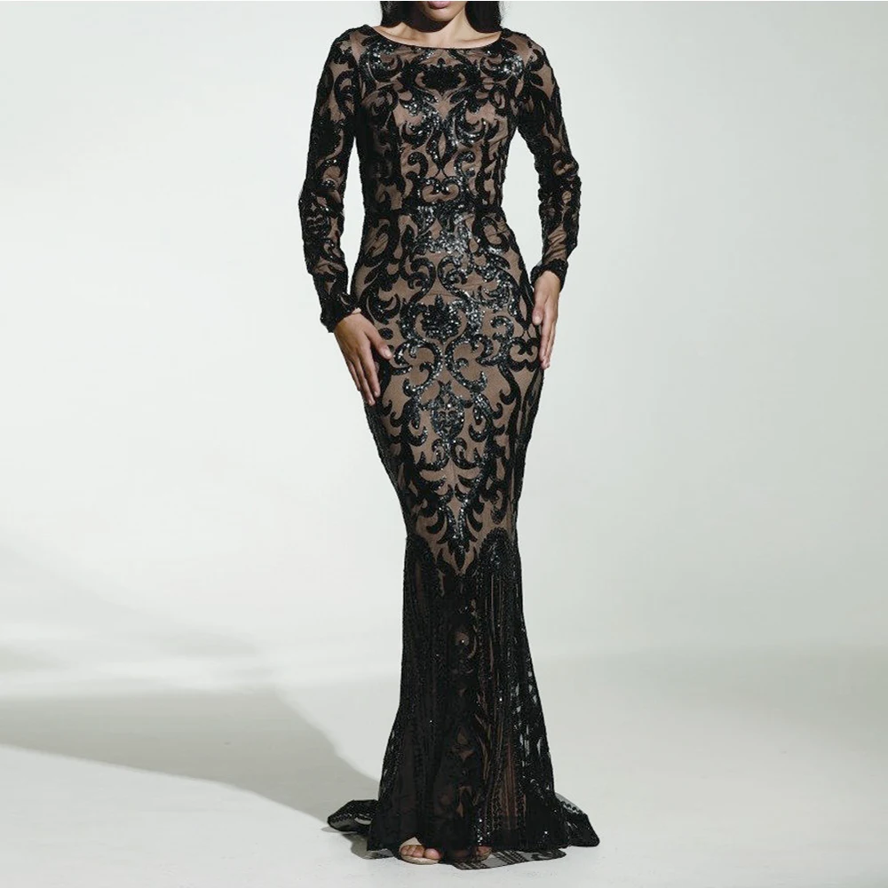 

O Neck Sequined Evening Dress Prom Dress Stretch Full Sleeved Floor Length Long Robe Evening Gown