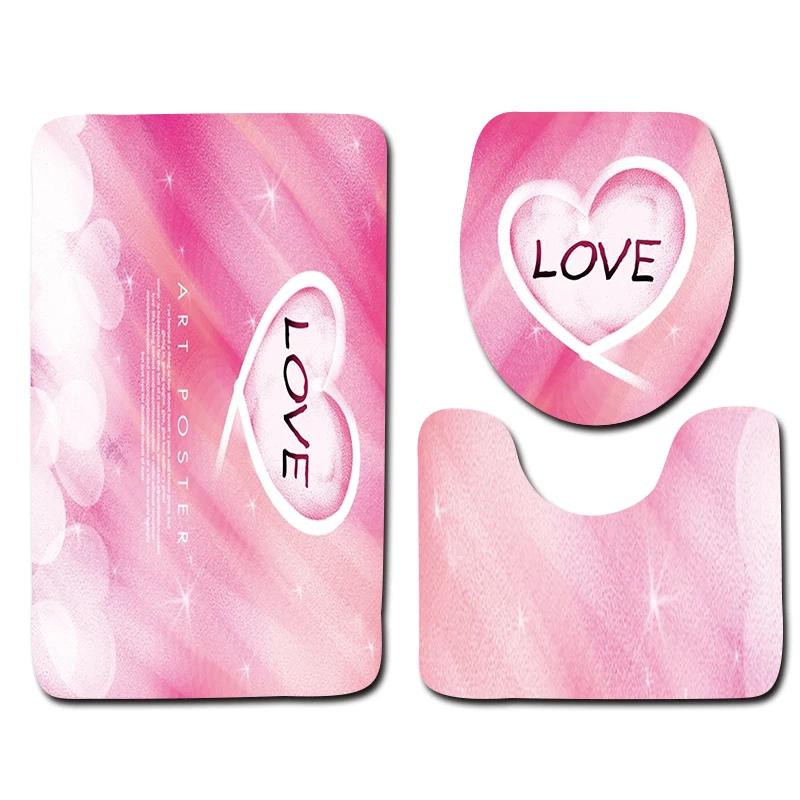 

2018 Valentines Day Decoration Bath Mat Set 3pcs Pink Love Pattern Bathroom Rug and Toilet Mat Sets