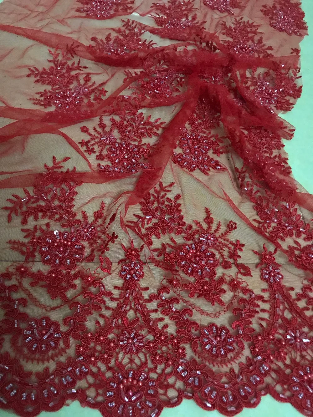 

Embroidery french net lace fabric SYJ-4919 for wedding dress/evening dress new design with beads