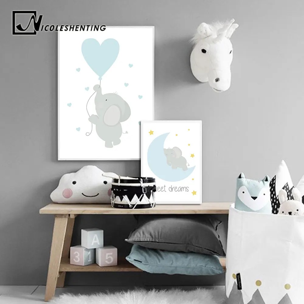 Baby Nursery Wall Art Canvas Posters Prints Cartoon Elephant Moon Painting Nordic Kids Decoration Picture Children Bedroom Decor