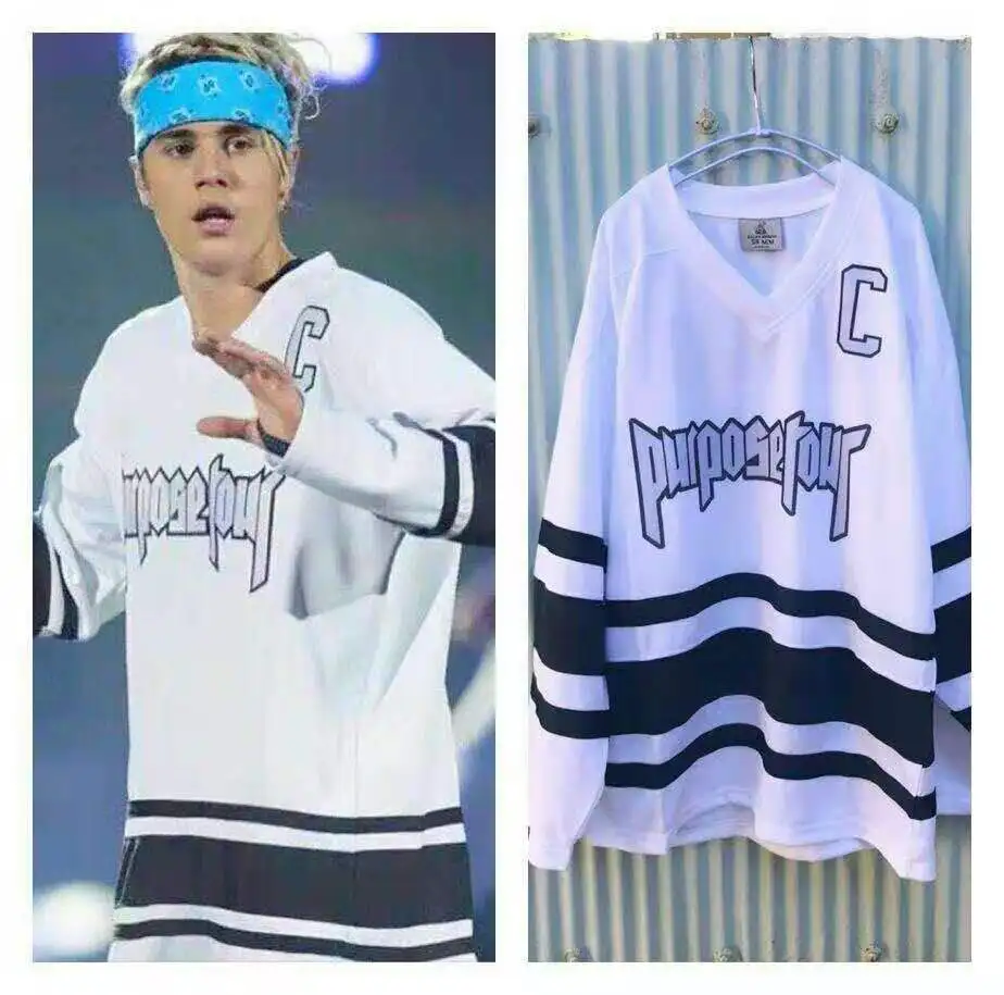 Justin Bieber Number 6 hockey jersey sleeves with Purpose Tour words embroidery white loose long sleeves
