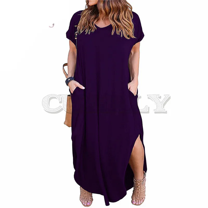 Image CUERLY Women Short Sleeve V neck Front Pocket Loose Casual Dress Plus Size 8XL 9XL Party Slit Long Maxi Dress