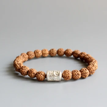 

Natural Rudraksha Seed With Tibetan Buddhism Mantra Sign White Copper Beads Bracelet For Men Women Wholesale New Mala OM Jewelry