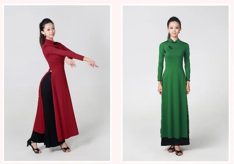 women improved long cheongsam Chinese classical dance costumes customize long sleeves lady Vietnam Robes traditional aodai