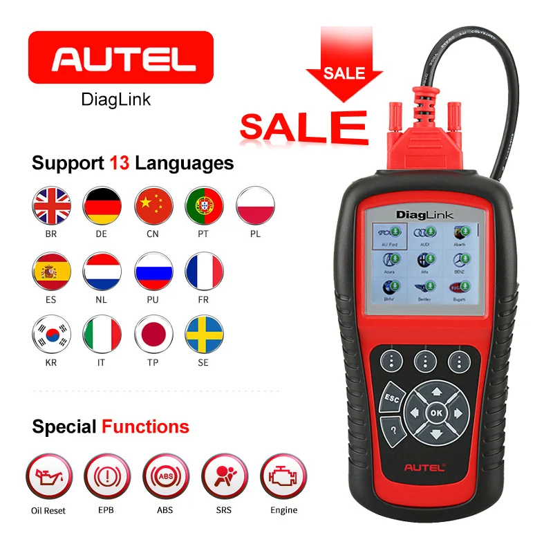 

AUTEL Diaglink OBD2 Scanner Code Reader EOBD Automotive Full Function ABS SRS Engine Transmission DIY of MD802 Diagnostic Tool