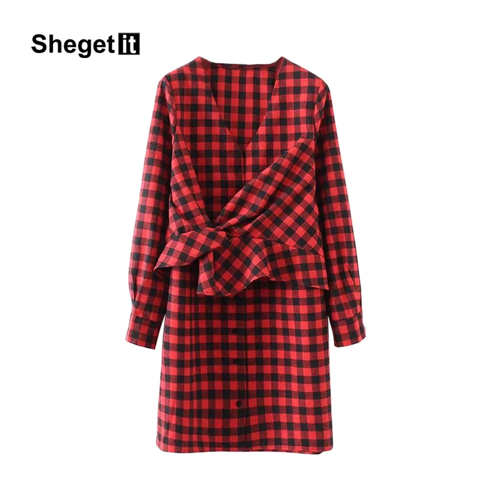 Shegetit зима Винтаж V Средства ухода за кожей шеи плед мини платье Для женщин Vestido Лук