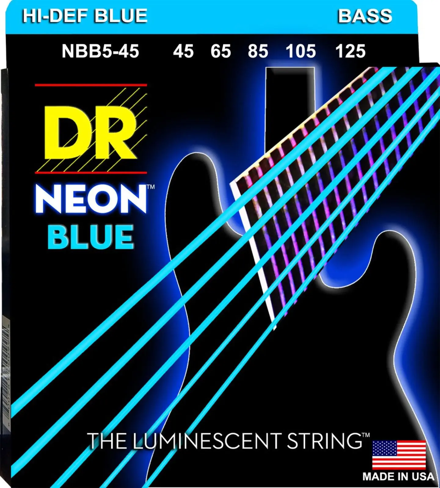 DR K3 Hi def Neon Blue Luminescent Bass Guitar Strings, Light 40 100 or