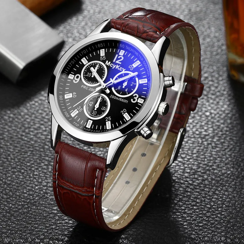 Luxury Men's 3-Eyes Blue Glass Watches Men Fashion Business Genuine Leather Quartz Watch Casual Wristwatch Relogo Masculino 
