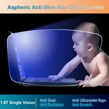 1,67 Асферические оптические линзы с защитой от синего излучения для одного видения, линзы с антирадиационным покрытием UV400