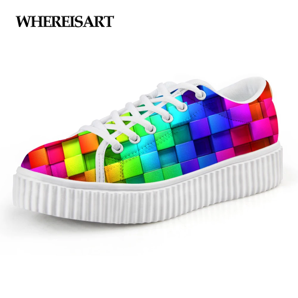 

WHEREISART 2019 New Fashion Women Mixed Color Creepers Flats Shoes Lace Up Casual Ladies Autumn Summer Platform Shoes Woman