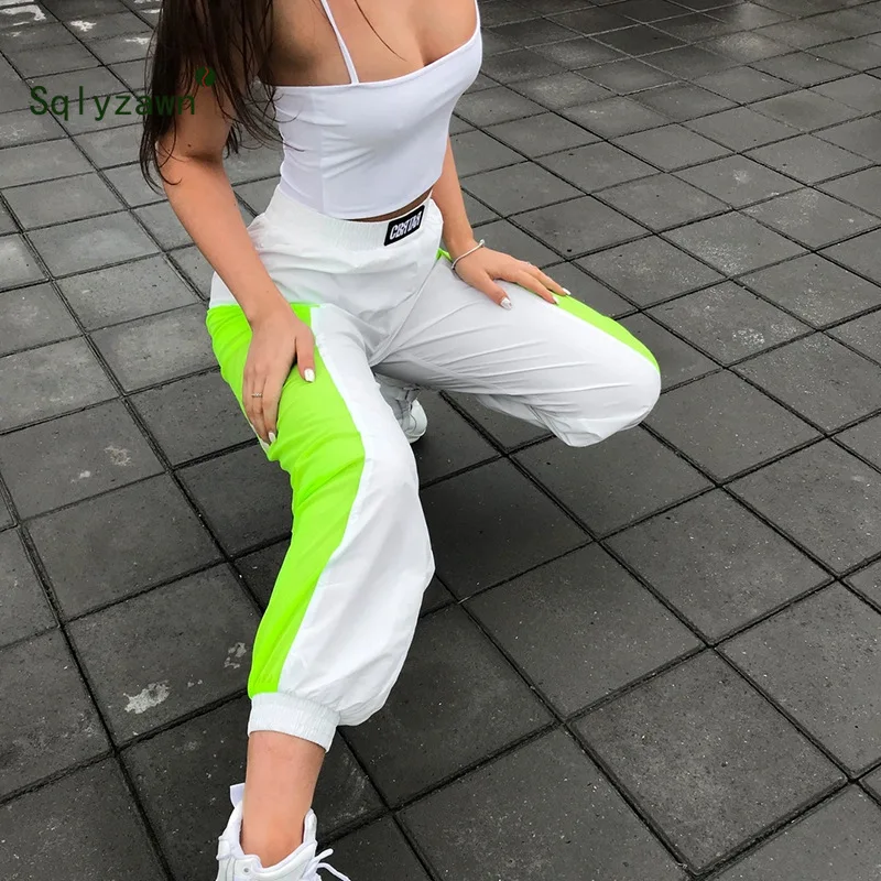 

Neon Green Patchwork Harem Pants Trousers Women Full Length Loose Jogger Mujer Sporty Elastic Waist Casual Sweatpants Streetwear