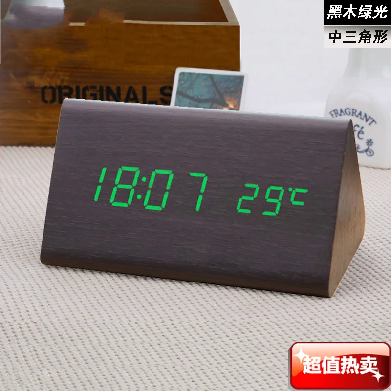 Светодиодный Будильник с температурным режимом, деревянные часы, креативные часы, голосовые часы с двумя деревянными часами, электронные подарки - Цвет: Drak Green