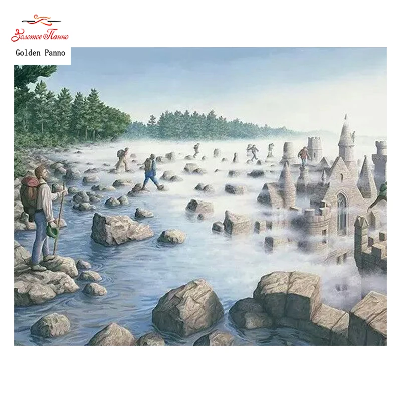 

Golden Panno,Needlework,DIY DMC Cross stitch,Sets For Embroidery kits,Precise unprinted Across the river Patterns Counted Cross