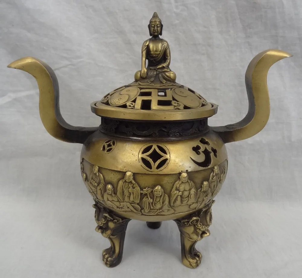 

bi002636 10" Tibet Bronze Buddhist Joss Shakyamuni 18 Arhat Statue Incense Burner Censer
