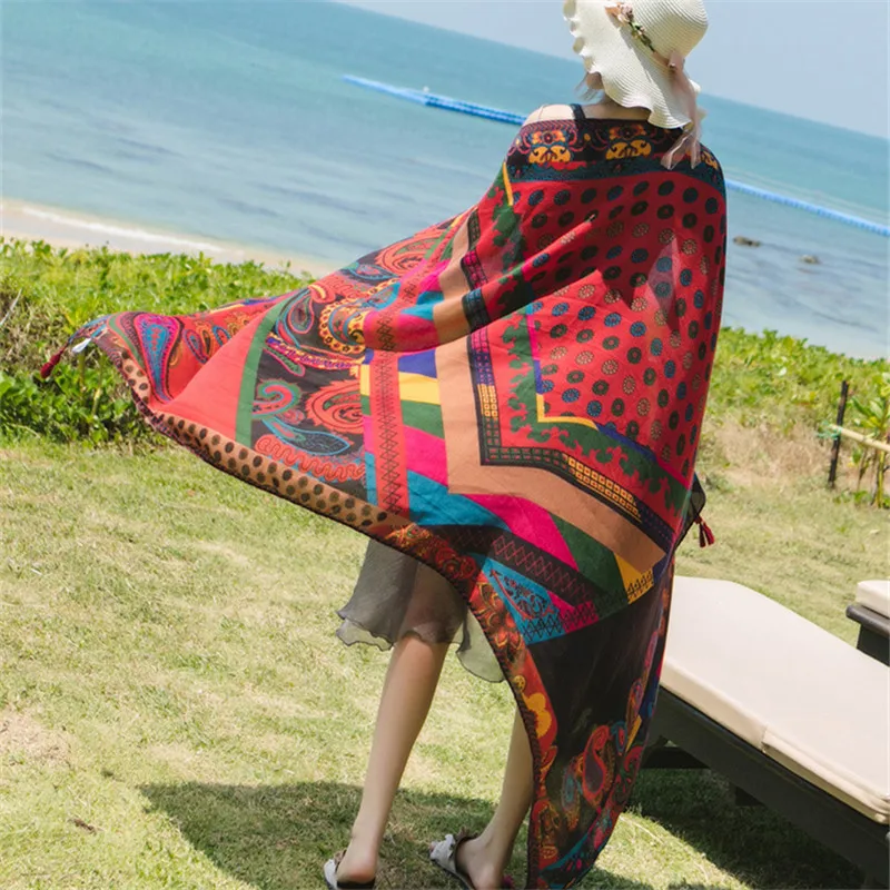 

Spring Summer Oversized 180*95cm Linen Cotton Scarf Ethnic Print Sun Shawl Beach Towels Scarves For Women Female