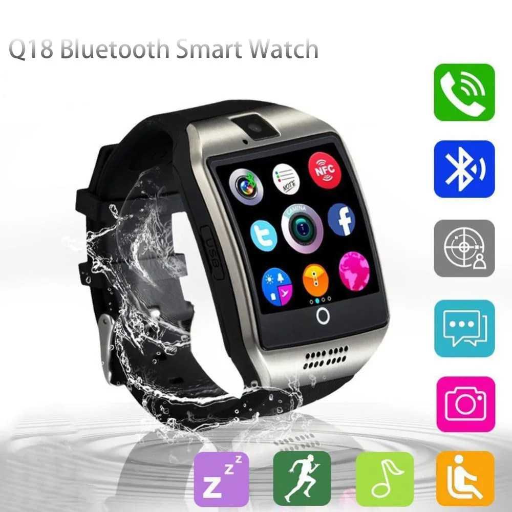 

Q18 Bluetooth Smart Watch Fitness Tracker Touch Screen Support APP Download TF SIM Card Camera Dial Call Wristwatch For Android
