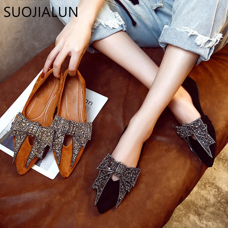 Comprar SUOJIALUN mujer plana 2019 elegante moda mujer zapatos planos de Ballet Bling Crystal Bow Tie puntiagudos zapatos planos señora plana brillante