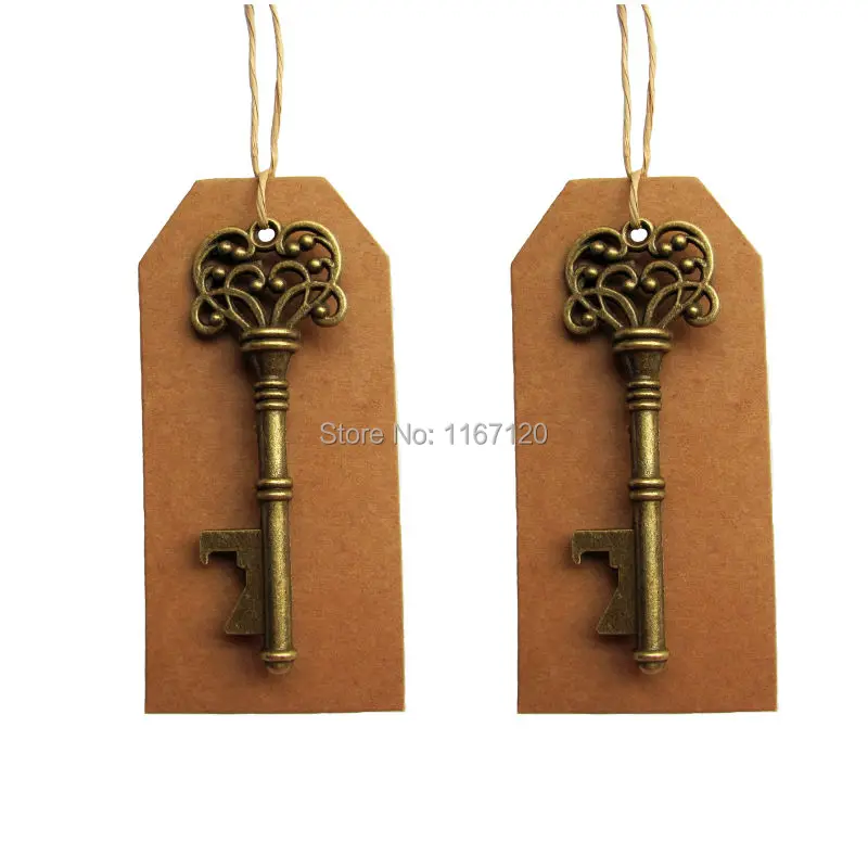  24pcs Antique Bronze Vintage Wedding Skeleton Key Bottle Opener Wedding Favor + 24 Kraft Tag Escort Cards 80mm 