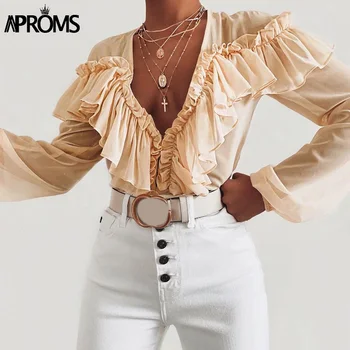 

Aproms Sexy Deep Vneck Ruffles Mesh Bodysuit Cool Girls Long Sleeve Slim Fit Romper Jumpsuit Streetwear Tops for Women Clothing