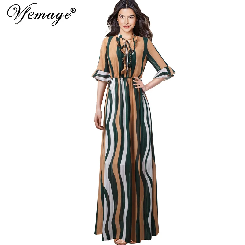 

Vfemage Women Tie Neck Ruffles Half Bell Sleeve Colorblock Contrast Strips Printed Flowy Causal Beach A-Line Maxi Long Dress 815