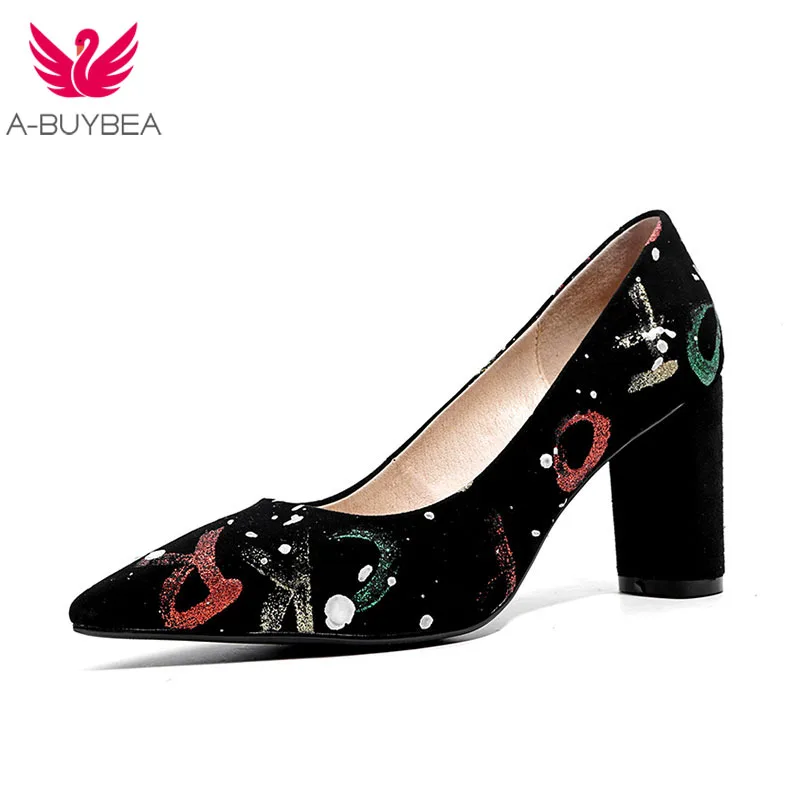 

A-BUYBEA Real Lether New Graffiti Women Pumps Pointed Toe Thick Heel Shoes Party Wedding High Heel Shoes Size 34-39