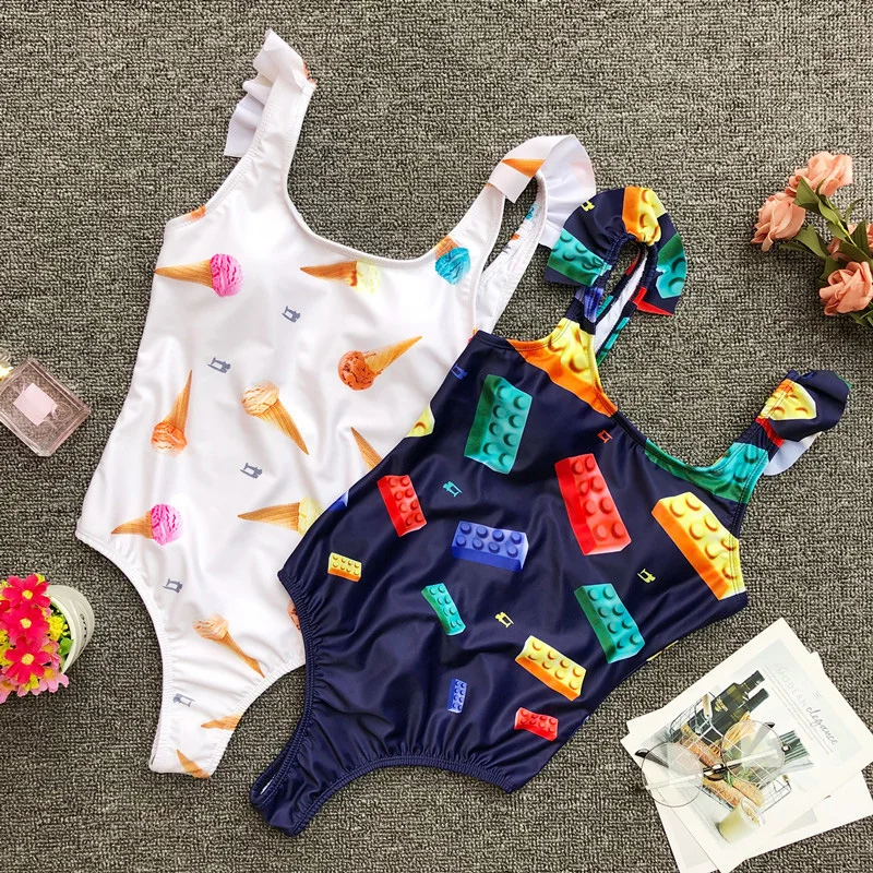 

New Style Ice Cream Print Women One Piece Swimsuits Ruffles Building Blocks Pattern Backless Bodysuits Swimsuit Sexy Biquini L22