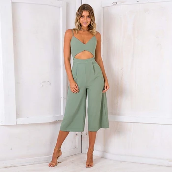 

2018 New Women Fashion New Zip Backless Jumpsuit Sexy Strap Hollow Out Ladies Summer Casual Loose Jumpsuit Elegant Solid Romper