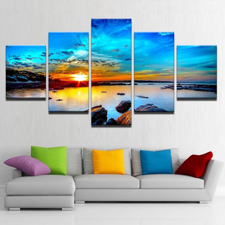 

Canvas Prints Paintings Home Decor 5 Pieces Blue Sky Seaside Sunrise Sea Reef Pictures Sunset Seascape Poster Wall Art Framework