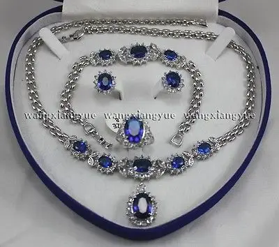 

Genuine Blue Zircon Inlay Link Bracelet earrings Ring Necklace Set >>18K GP Plated gold Bridal wide watch wings queen JEWE