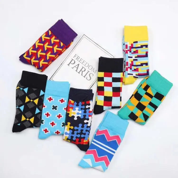 

Brand Quality Mens Happy Socks 8 Colors Striped Plaid Puzzle Wave Socks Big Size 47 Men Combed Cotton Calcetines Largos Hombre