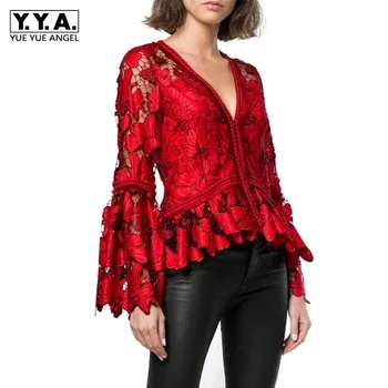 

Designer Stylish Blouse Women Flare Sleeve V-neck Lace Embroidery Blouse Top Ruffles Sexy Hollow Out Office Lady Red Shirts