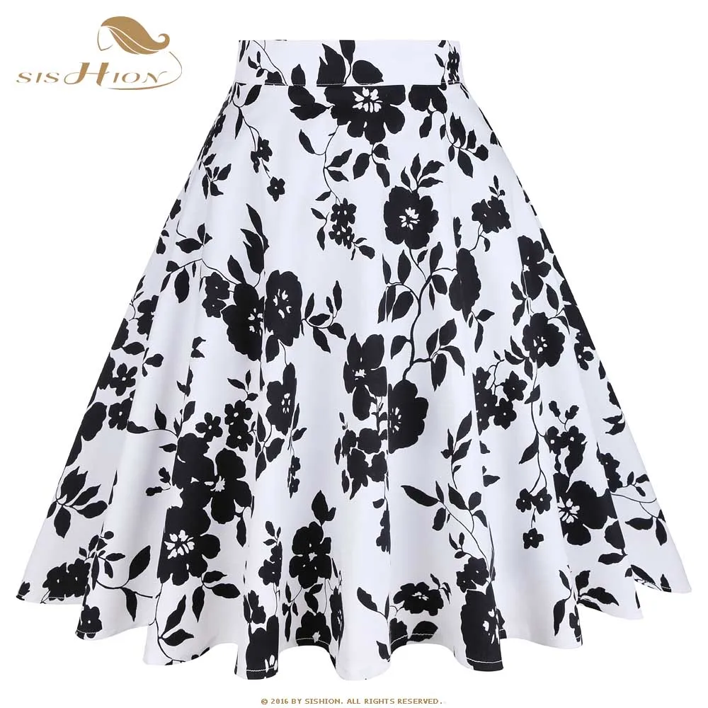 

SISHION Floral Skirt 2019 A Line Cotton White Black Flower Print High Waist Summer Women Skirt Vintage rokken Midi Skirts