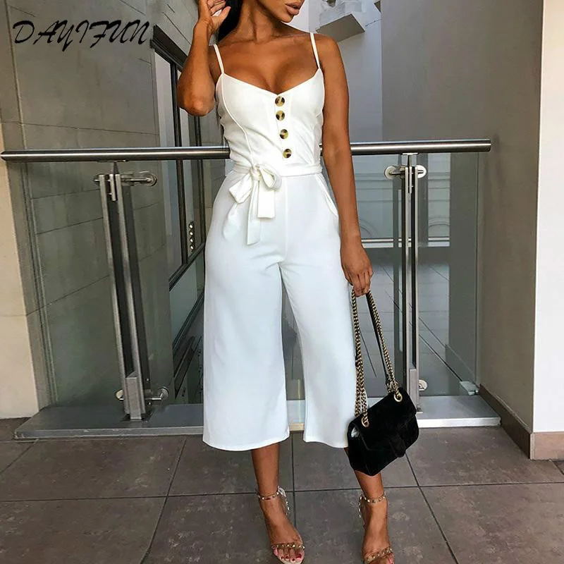 

DAYIFUN 2019 Spaghetti strap women jumpsuit sashes female Seven-quarter jumpsuit romper Wide leg casual streetwear overalls C085