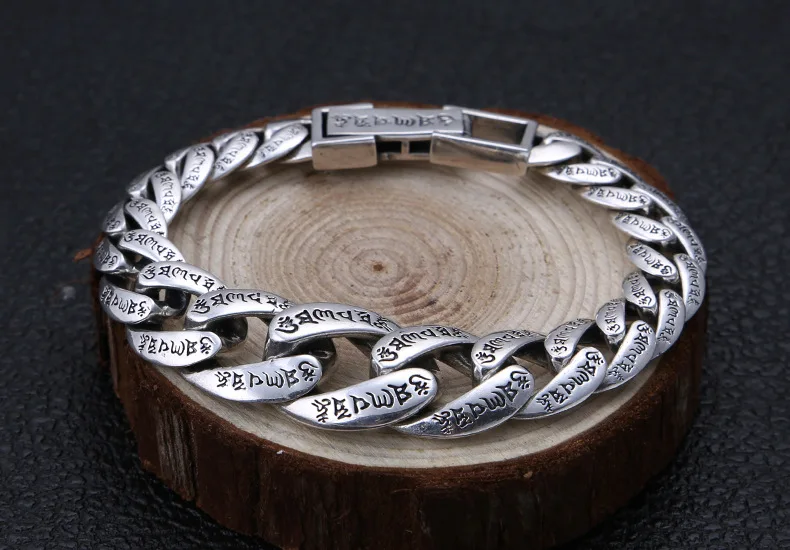 

19mm Wide Religious Punk Hiphop Rock S925 Sterling Thai Silver Scripture Chain Bracelet for Men Male Boy Fine Jewelry Party Gift