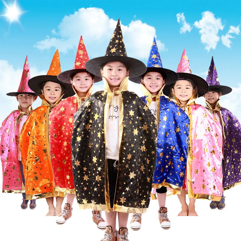 Girls Kids Black Wizard Halloween Fancy Dress Costume Hat /& Cape Boys