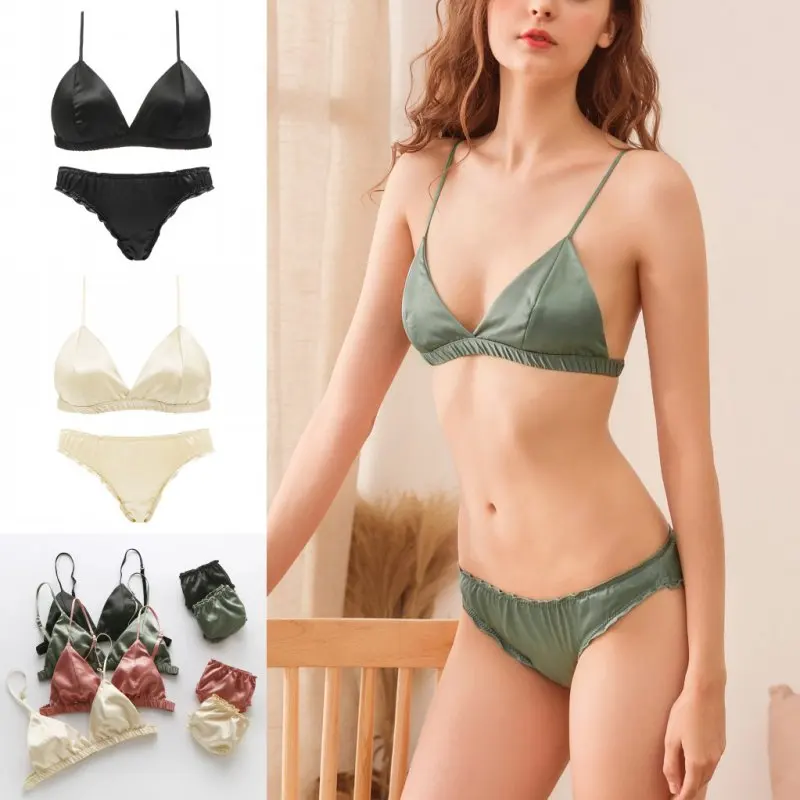 

2019 Sexy and charming Bikini Smooth Satin No Steel Ring 3/4 Cup Gathered Triangle Cup Bra + Panties Set