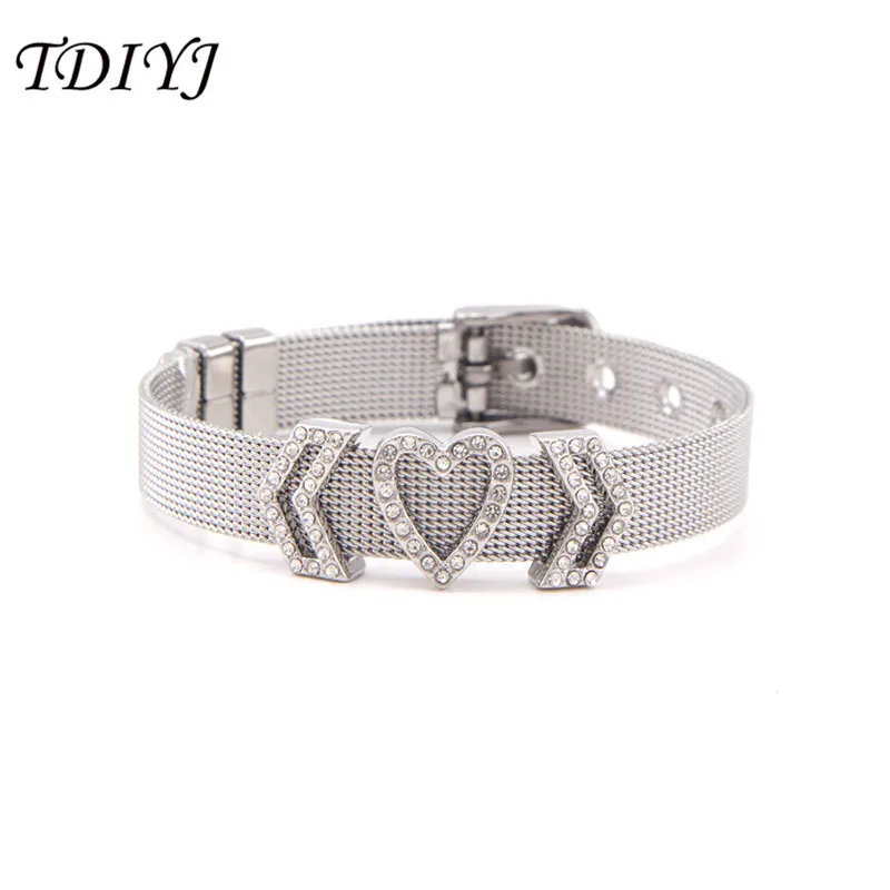 

TDIYJ New Style 21cm Mesh Armband Keeper Bracelet Series with Crystal Chevron Cut Out Heart Slide Charms for Women Gift 1Set