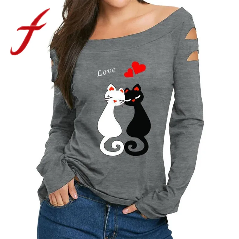 

Feitong Women Ladies T Shirts Sexy Off Shoulder Cat Love Prints Long Sleeve Tops Tee Shirt vetement femme camiseta mujer 2018