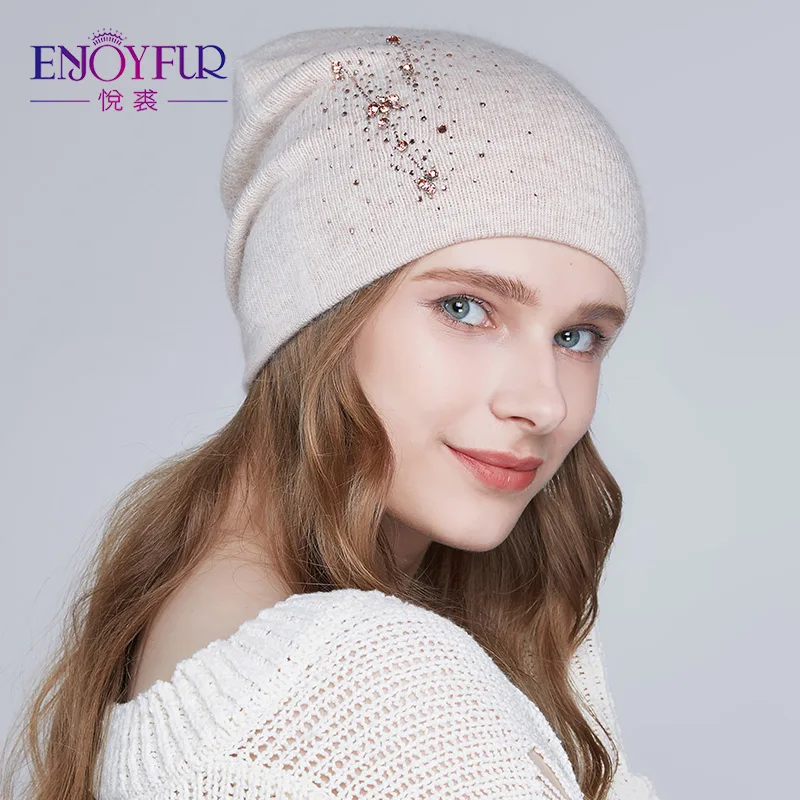 ENJOYFUR Wool Hat для зимние Для женщин мягкие теплые вязаные шапки для девочек двойной Слои женские шапочки Шапки - Цвет: 09