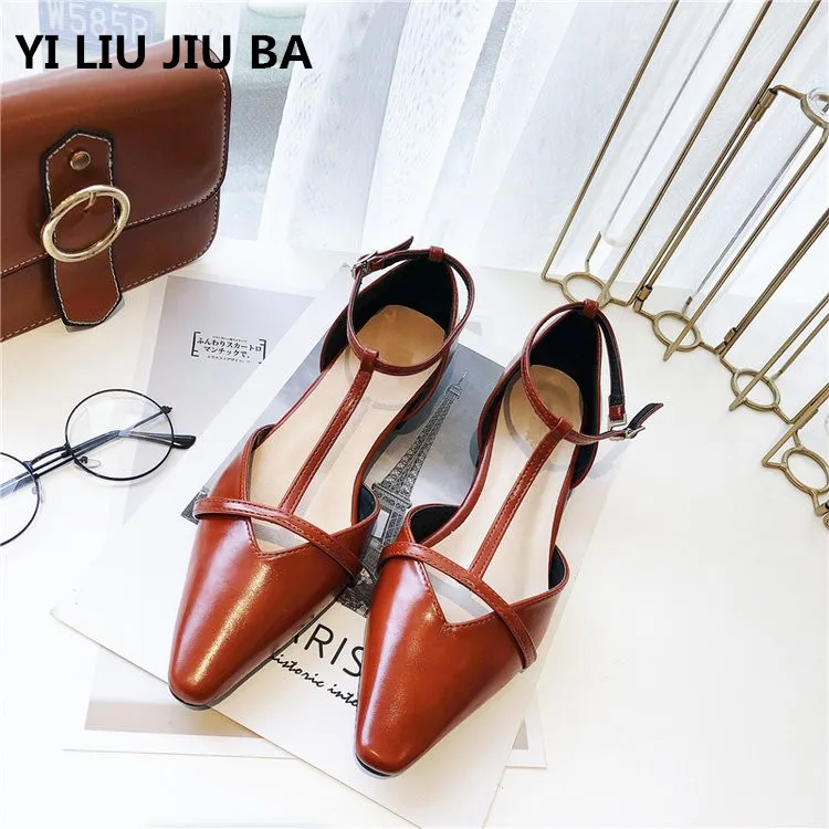 

Plus Size 35-39 new Women shoes Ankle Strap Low Heel PU leather Shoes Woman fashion Sandals Pointed Toe casual shoes women **551