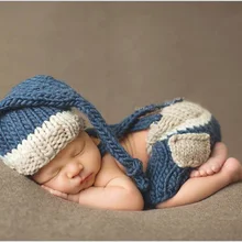 Хлопковый костюм для фотосъемки новорожденных ручной вязки крючком Рождественская шапочка для малышей и штаны на подтяжках