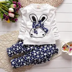 Осень Одежда для младенцев комплект для маленьких девочек Повседневное с длинным рукавом мультфильм кролик бантом Футболка + Брюки для