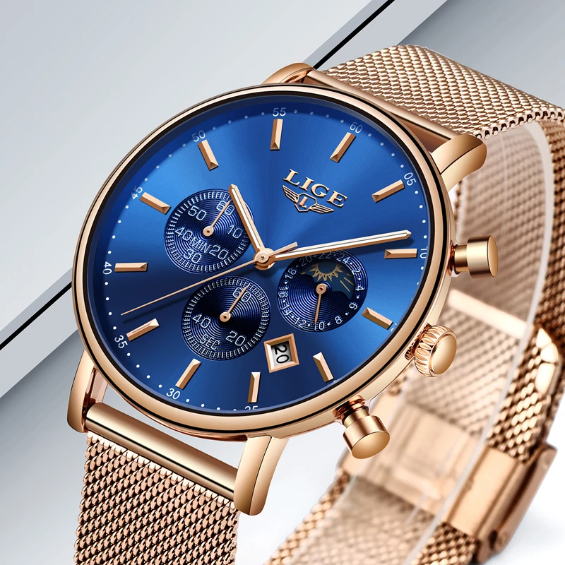 LIGE Mens Watches Top Brand Luxury Quartz Wristwatch Mem Grid strap All Steel Waterproof Sport Chronograph+Box Relogio Masculino
