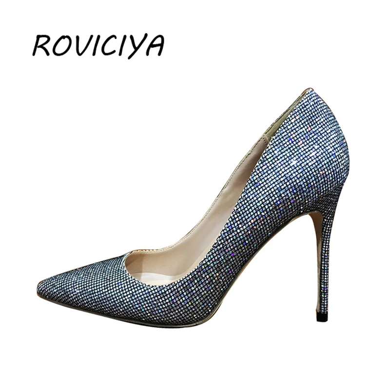 

12 cm Women Pumps Sequined Cloth Pointed Toe 12 cm High Heel Shoes Woman Sexy Party Shoes LF007 ROVICIYA