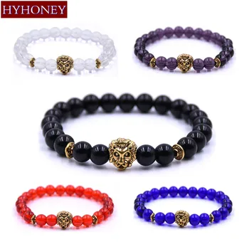 

HYHONEY 8mm Stone Beads Gold color Leo Lion Head Bracelets for women Jewelry Crystal bracelet pulseras mujer