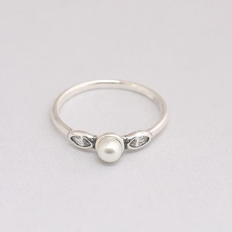 

Genuine 925 Sterling Silver Elegant Beauty, White Pearl Clear CZ Ring Compatible with European Jewelry